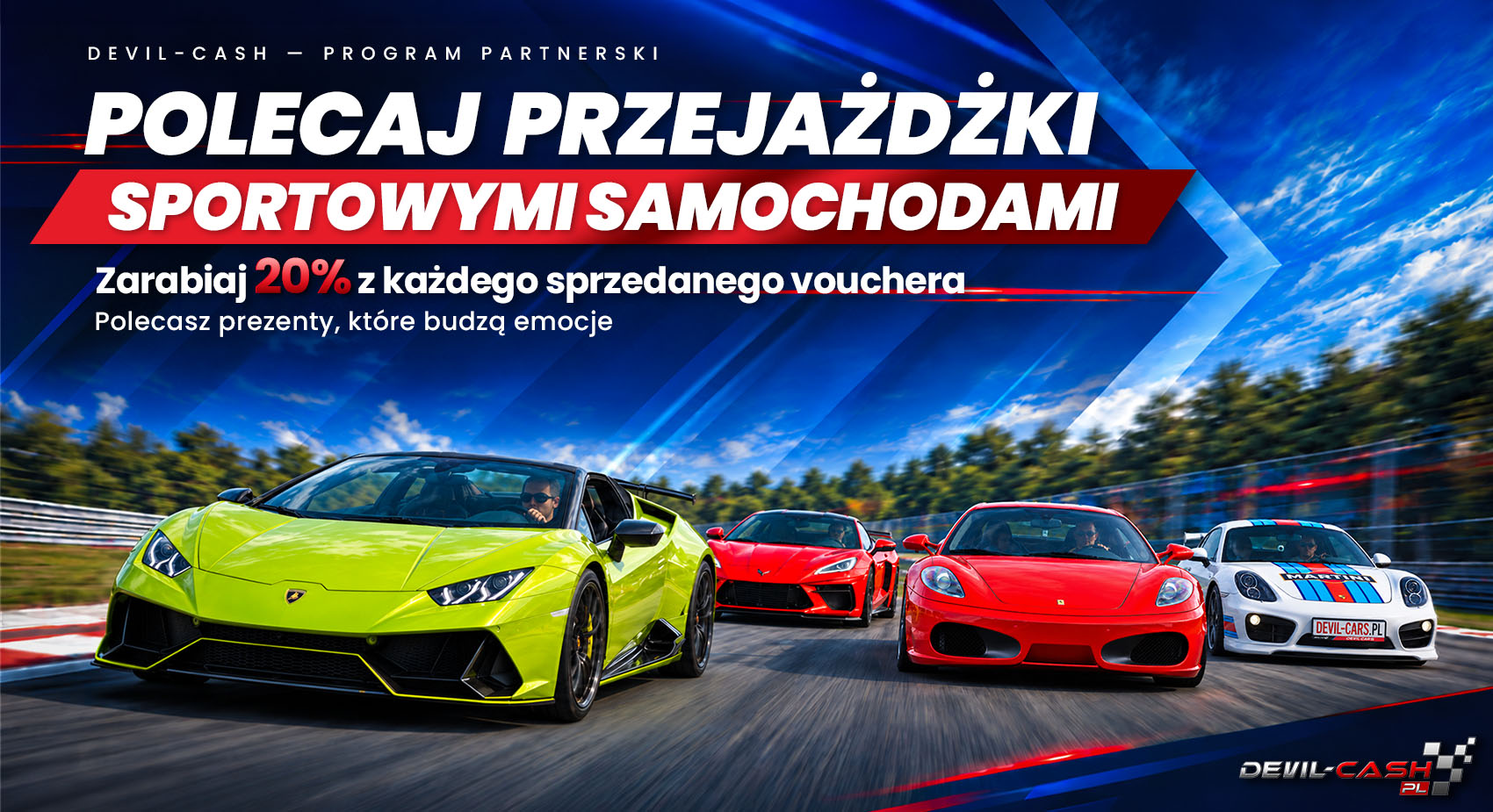 Polecaj przejażdżki sportowymi samochodami. Zarabiaj 20% z każdego sprzedanego vouchera. Polecasz prezenty, które budzą emocje.